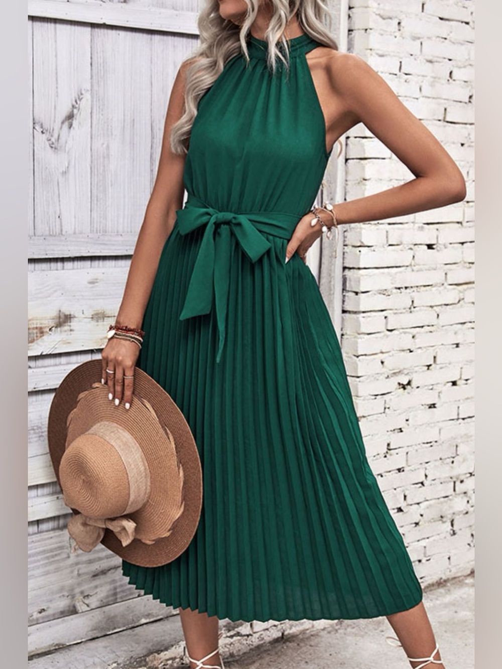 Perfee Tie Belt Pleated Midi Dress